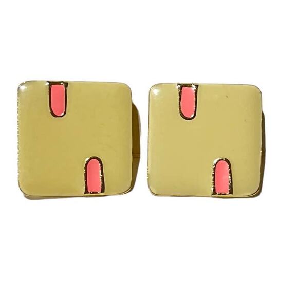1990s Cream & Pink Square Clip-On Earrings Pastel Retro Jewelry - Picture 8 of 8